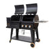 lifestyle_3, All black grill with bright orange and silver accents and Pit Boss logos. Side angle view. Grill hoods open