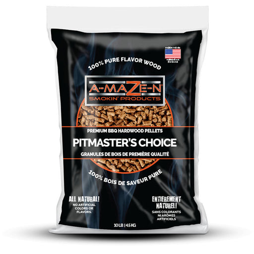 A-MAZE-N pitmasters choice wood pellets in black 10lb bag with white and orange lettering