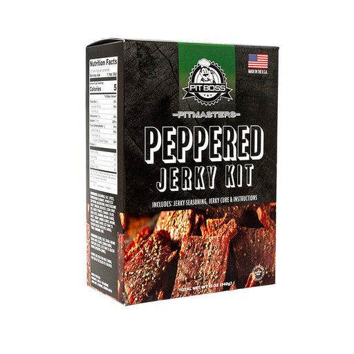 Pit Boss Peppered Jerky Kit. Black with green accents. White font.