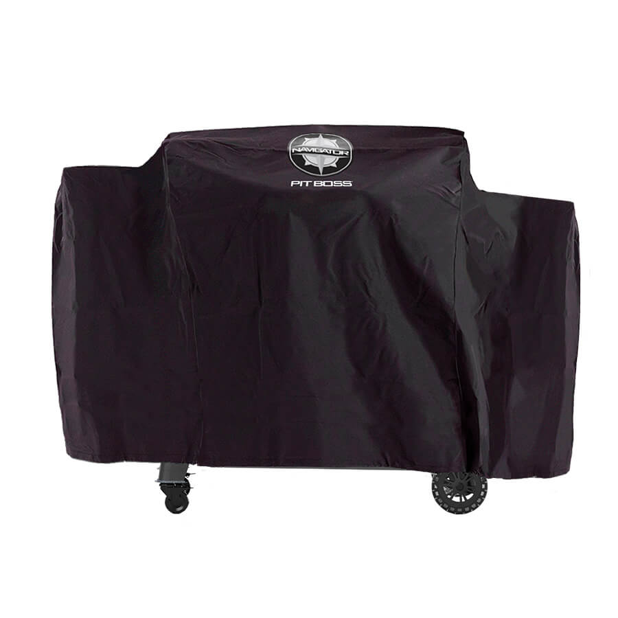 black bbq grill cover with white pit boss and navigator logos