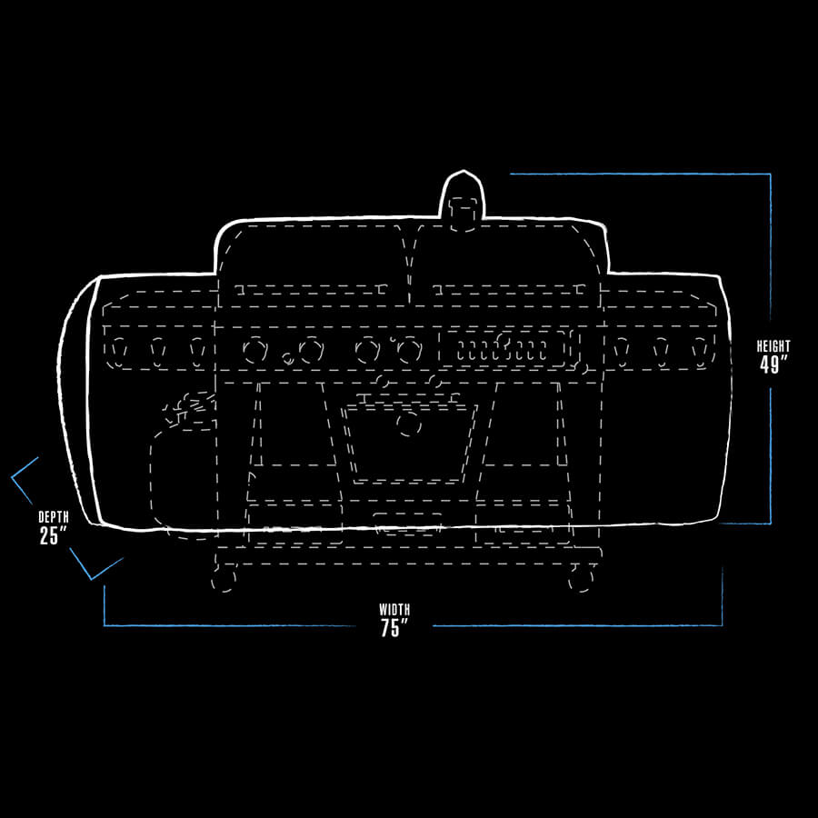 black and white bbq grill cover dimension drawing with blue line accents. grill cover measures 75" x 25" x 49"