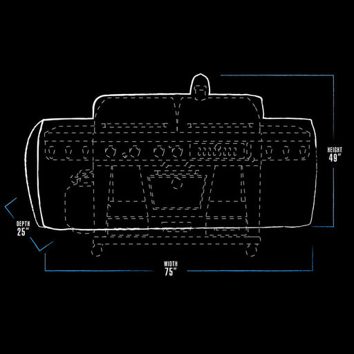 black and white bbq grill cover dimension drawing with blue line accents. grill cover measures 75" x 25" x 49"