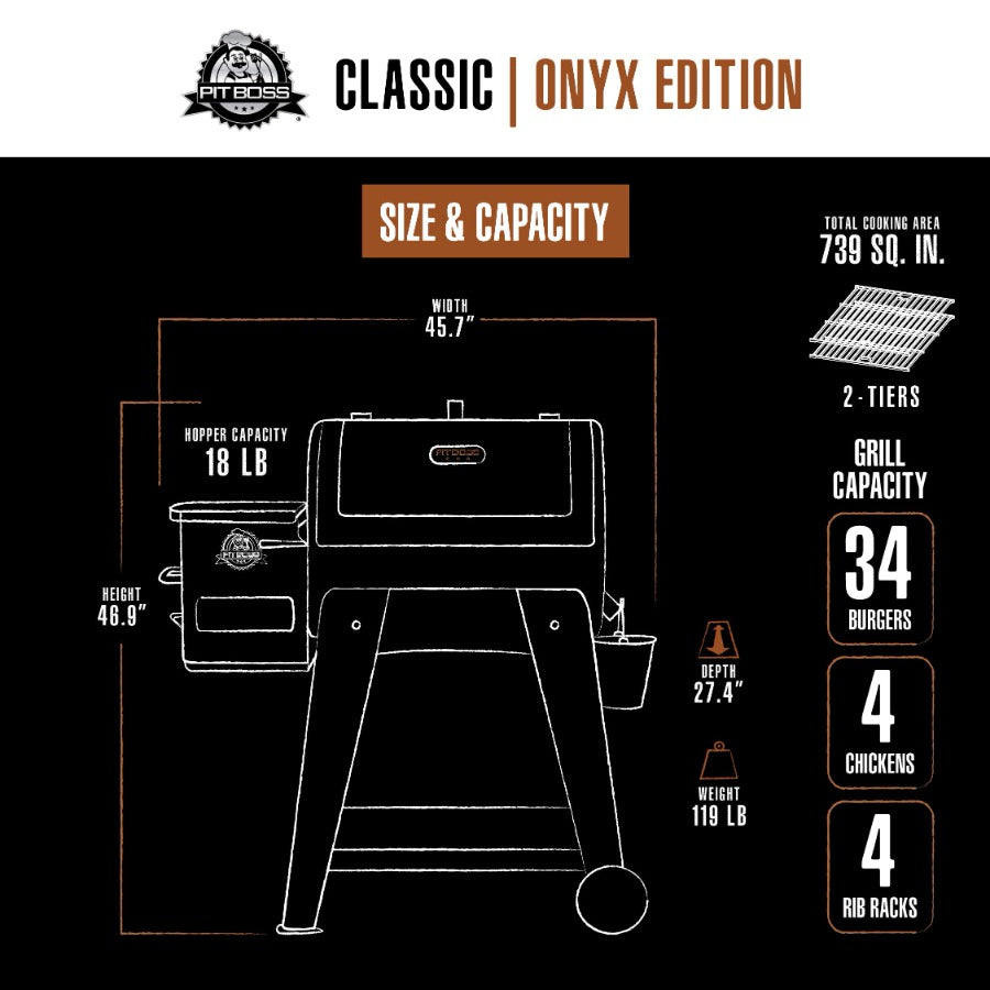 White graphic representation of the exterior size and capacity of the grill.