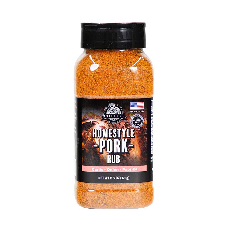 Pit Boss 11.5 oz Homestyle Pork Rub. Black label with pink stripe. Made in the US.