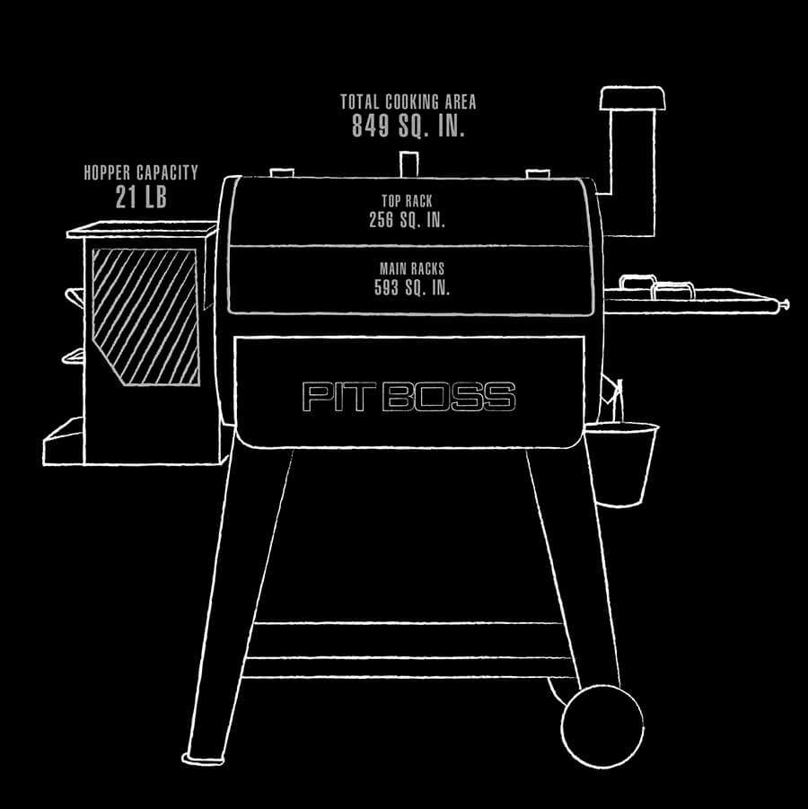 black and white dimension drawings of pit boss sportsman 820 wood pellet grill - interior cooking dimensions