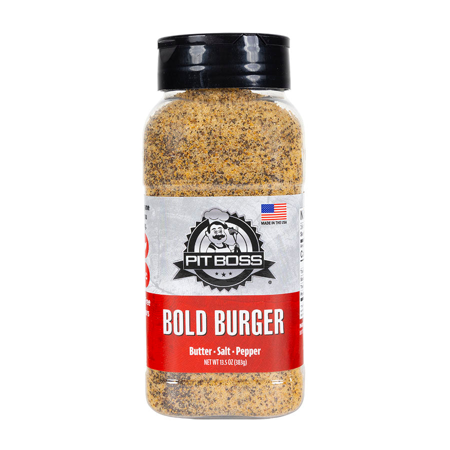 Pit Boss Bold Burger BBQ Rub Spice - red and white spice label on plastic bottle