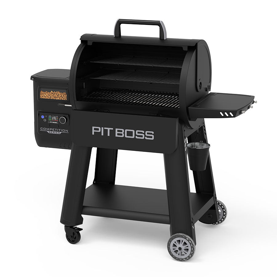 Pit Boss Competition Series 1250 Wood Pellet Gril. Now with Wi-Fi and Bluetooth. Hood open, side view.