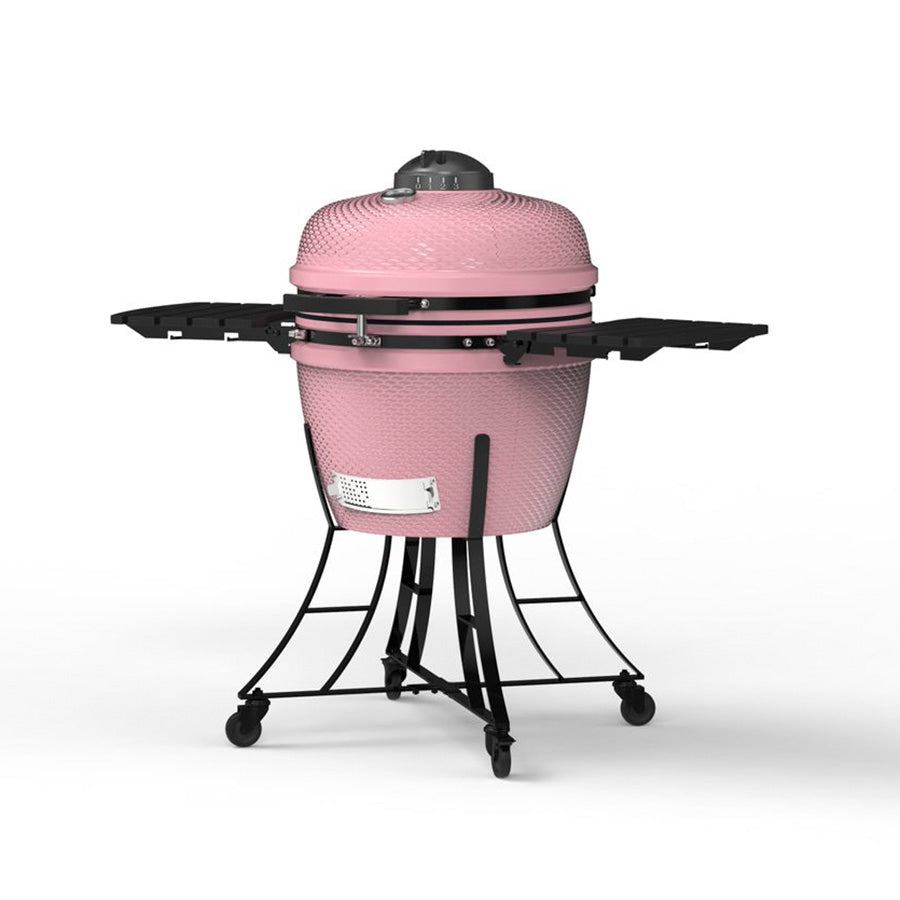 Pink grill with bumpy texture. Two side tables displayed. Side viewpoint.