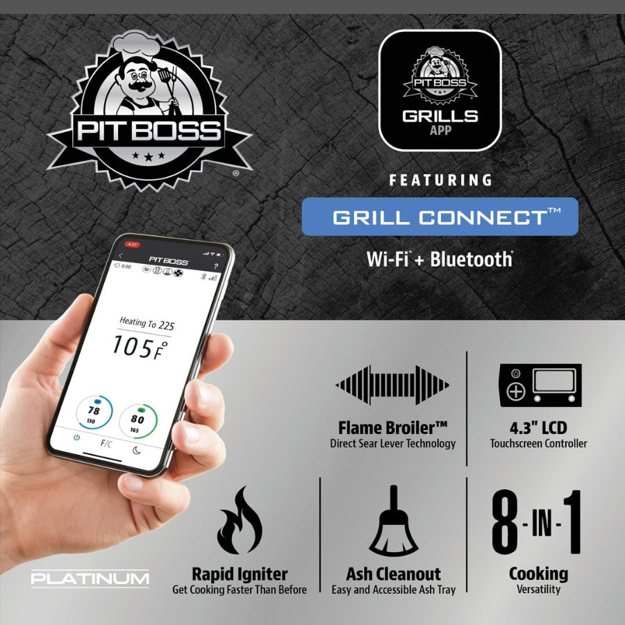 Pit Boss graphic featuring "Grill Connect" that allows for Wi-Fi and Bluetooth.