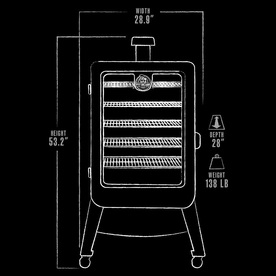 White graphic representation of the exterior dimensions of the smoker.