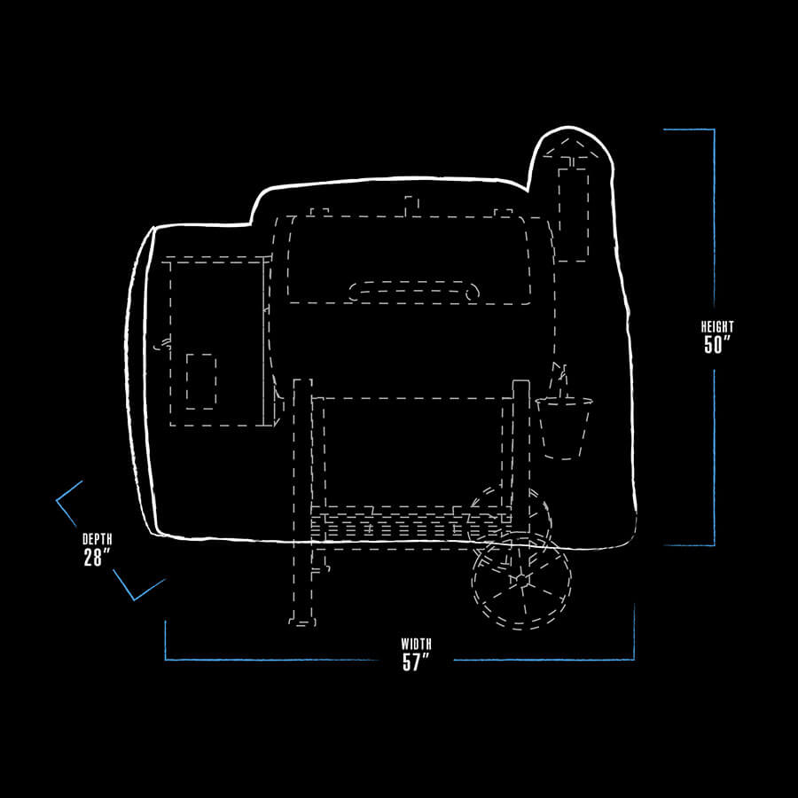 black and white dimension drawing with blue line accents. bbq grill measures 57" x 28" x 50"