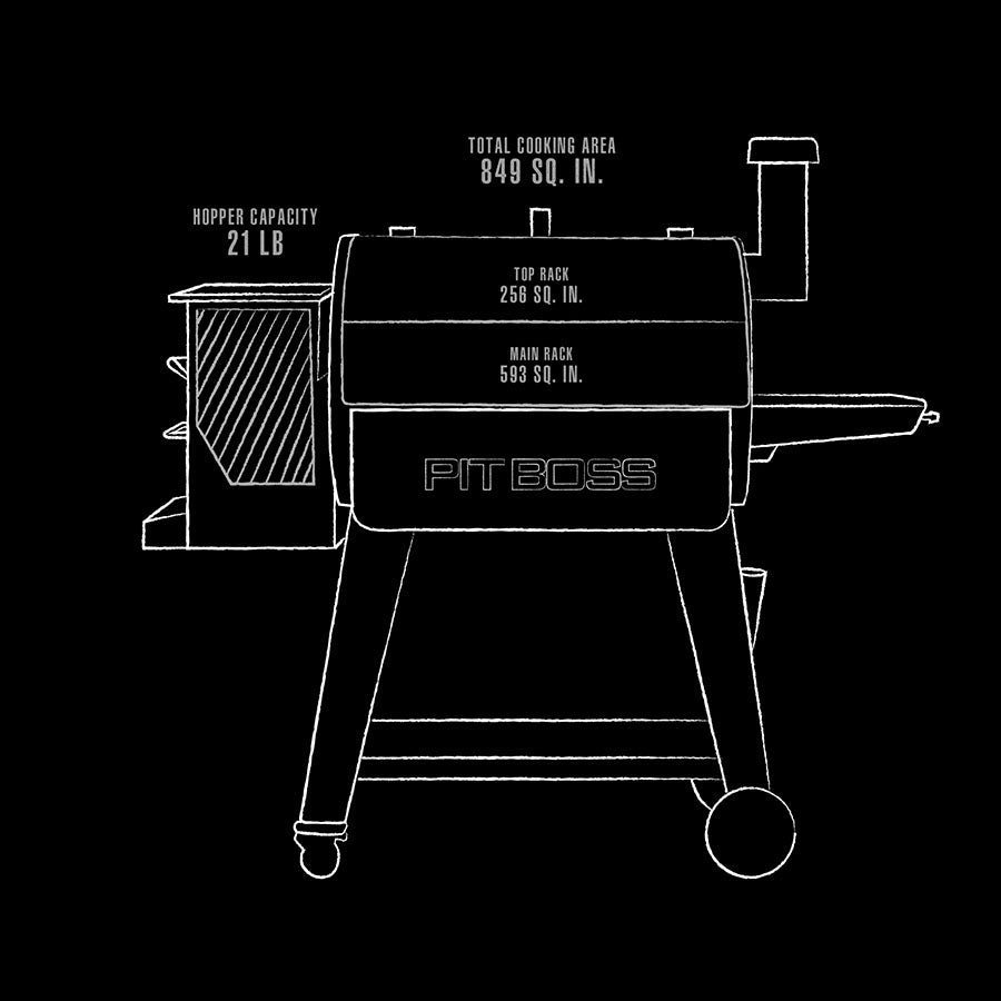 black and white line drawing of grill showing interior dimensions