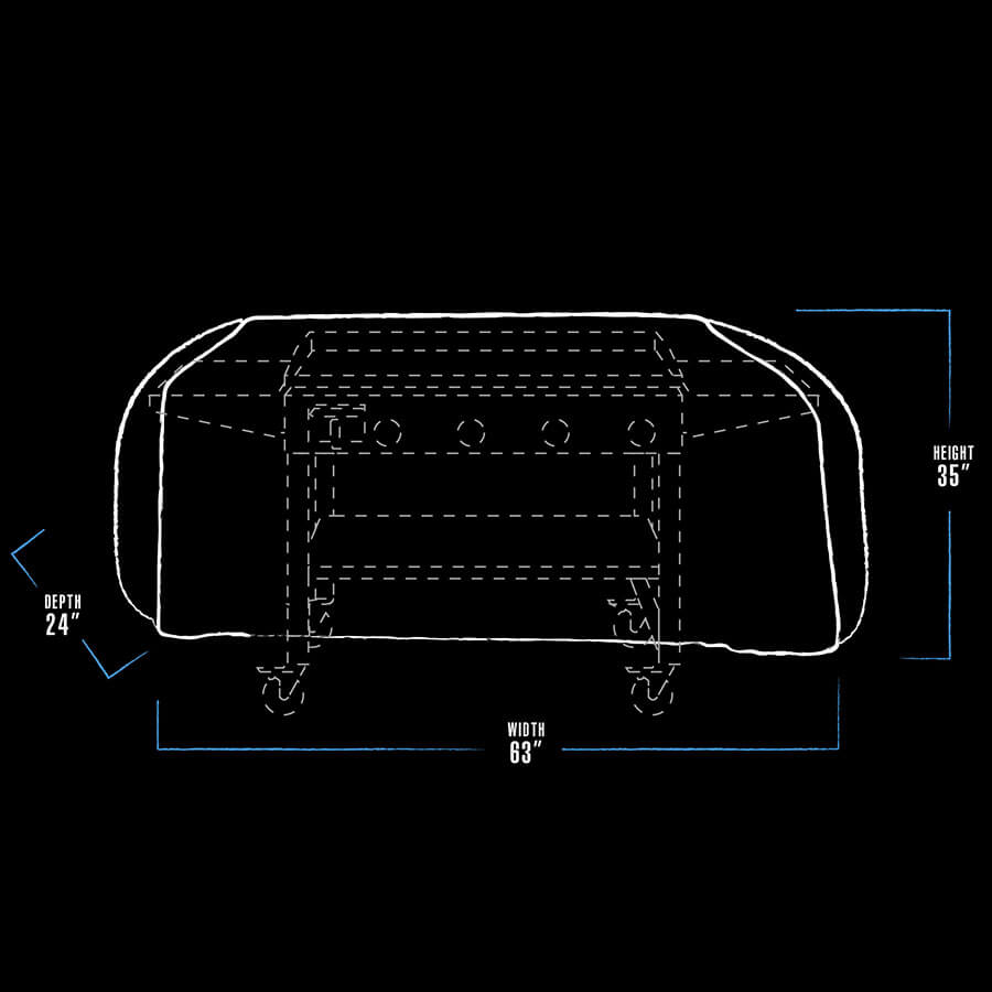 pit boss griddle cover dimension drawing black and white with blue accents. measures 63" x 24" x 35"