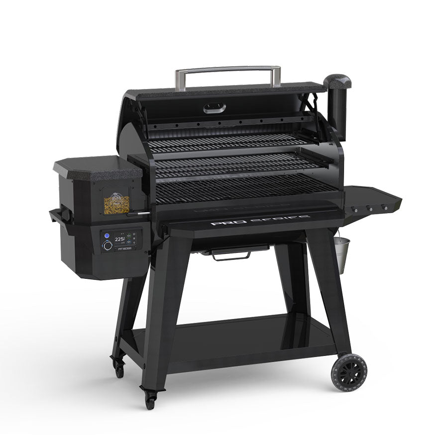 Black grill displayed with side profile. Open grilling hood. Pellet hooper and side table displayed.