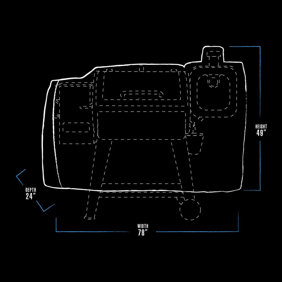 black and white dimension drawing with blue accent lines. grill cover measures 78" x 24" x 49"