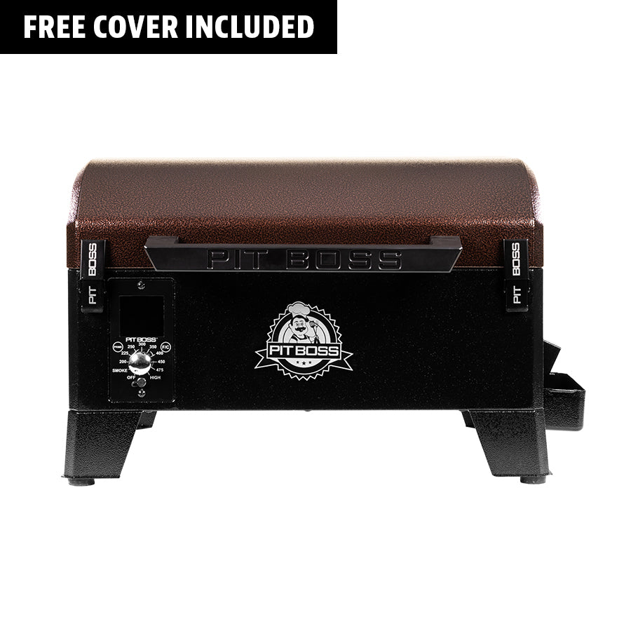 Pit Boss Mahogany 150PPS Tabletop Wood Pellet Grill. Black with a brown/red accent. Pit Boss logo on the front. Pit Boss engraved on handle. Free cover included.