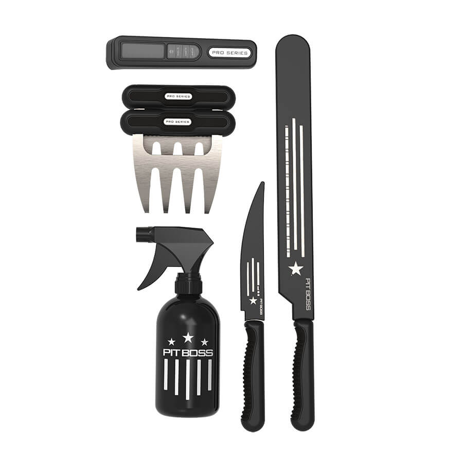 Pro Series Pitmaster 8 Piece Tool Set. Includes: infrared thermometer, spritz bottle, 14 in. brisket knife + sheath, 7 in. trimming knife, 2 stainless-steel meat claws