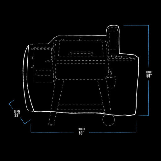 black and white dimension drawing with blue line accents. bbq grill cover measures 59" x 33" x 50"