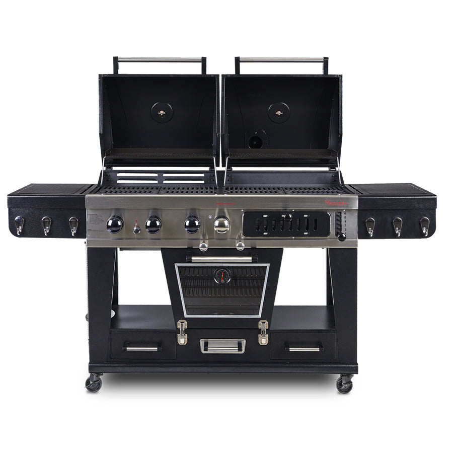 Pit Boss Memphis Ultimate Combo Grill. Black combo grill with silver accents. Front view. Both grilling hoods open.