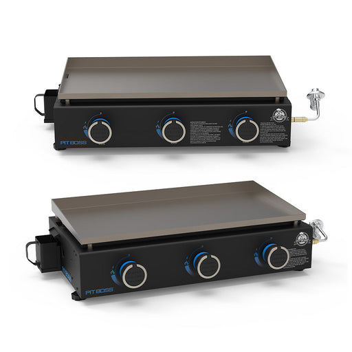 Pit Boss 3-Burner Tabletop Griddle. Displaying both the front view and a side view of the portable griddle. Black with blue accents.