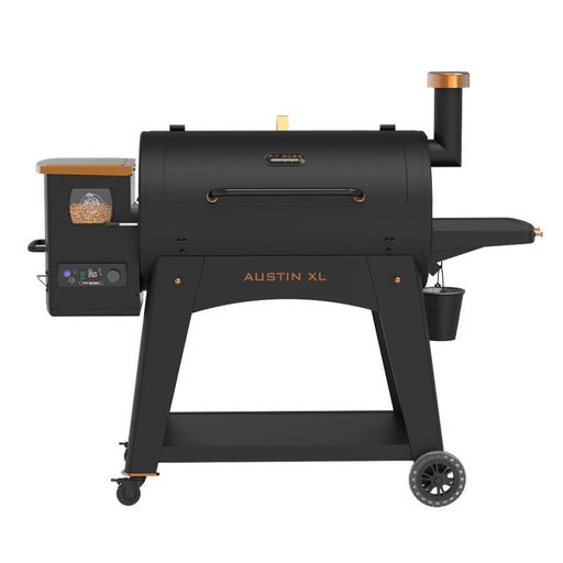 Pit Boss Austin XL 1000 Wood Pellet Grill in black with orange and bronze accents. Pellet hopper and grease bucket displayed. Front view.