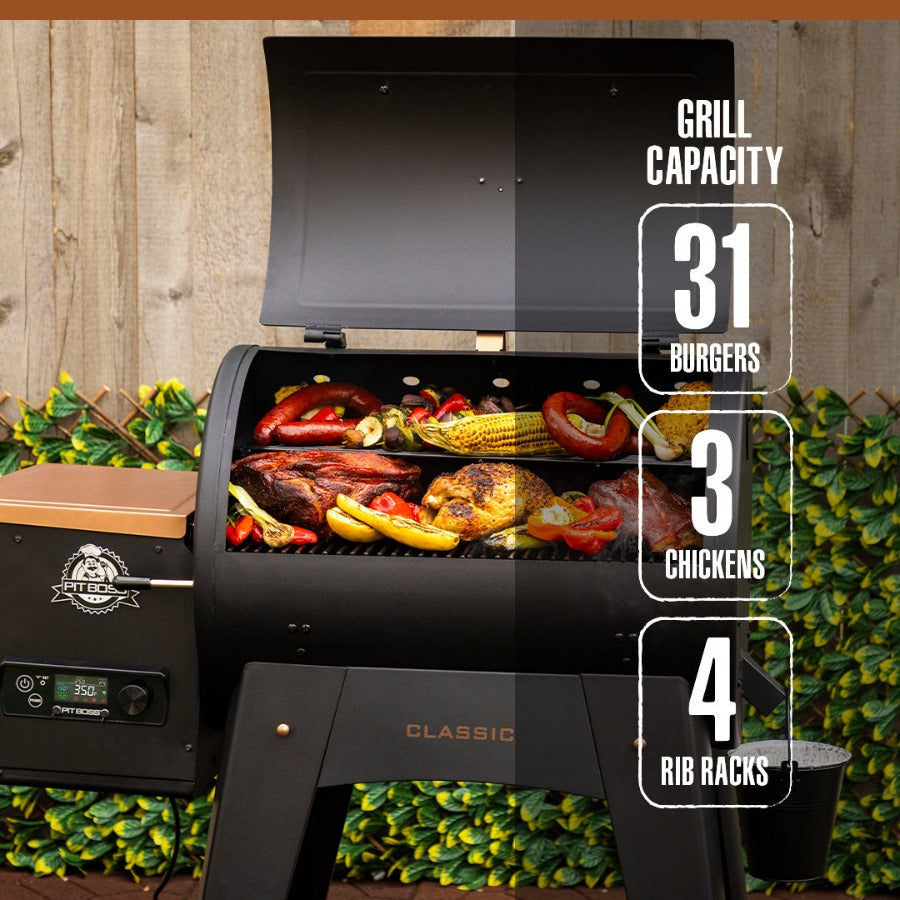 Classic 700 Wood Pellet Grill in a backyard. Meats and veggies being cooked in the barrel with a side graphic of the grill's capacity.