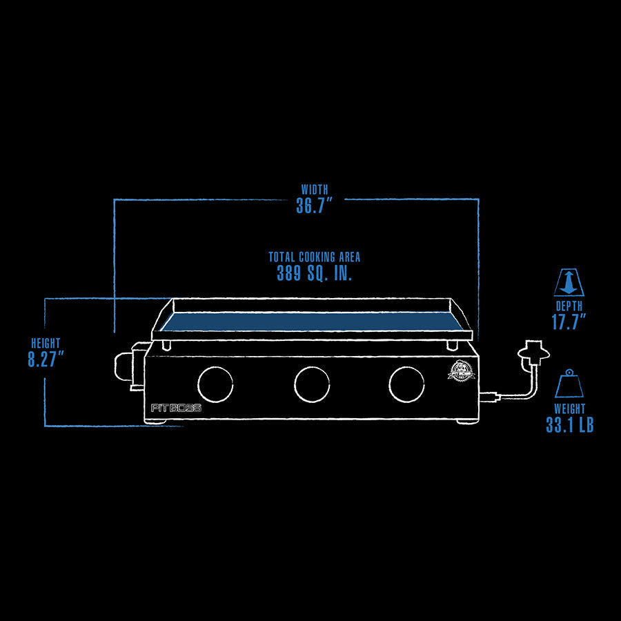 White and blue graphic representation of the exterior dimensions of the smoker.