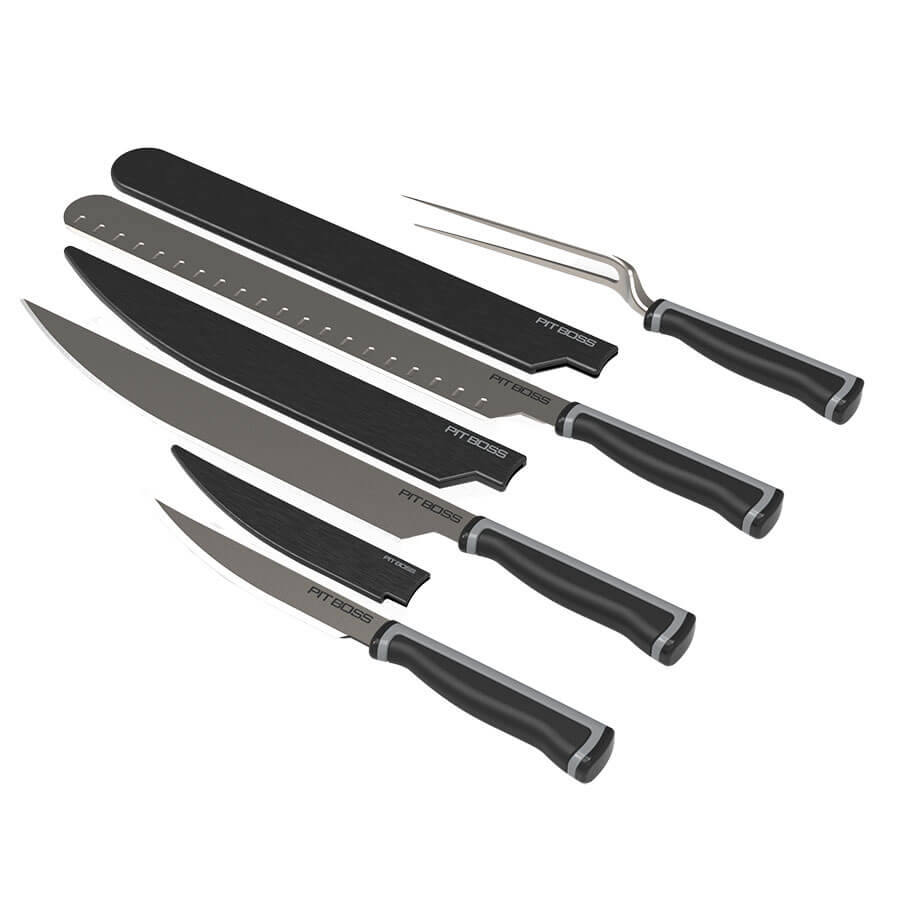 Side view of the four bbq knives with their covers.