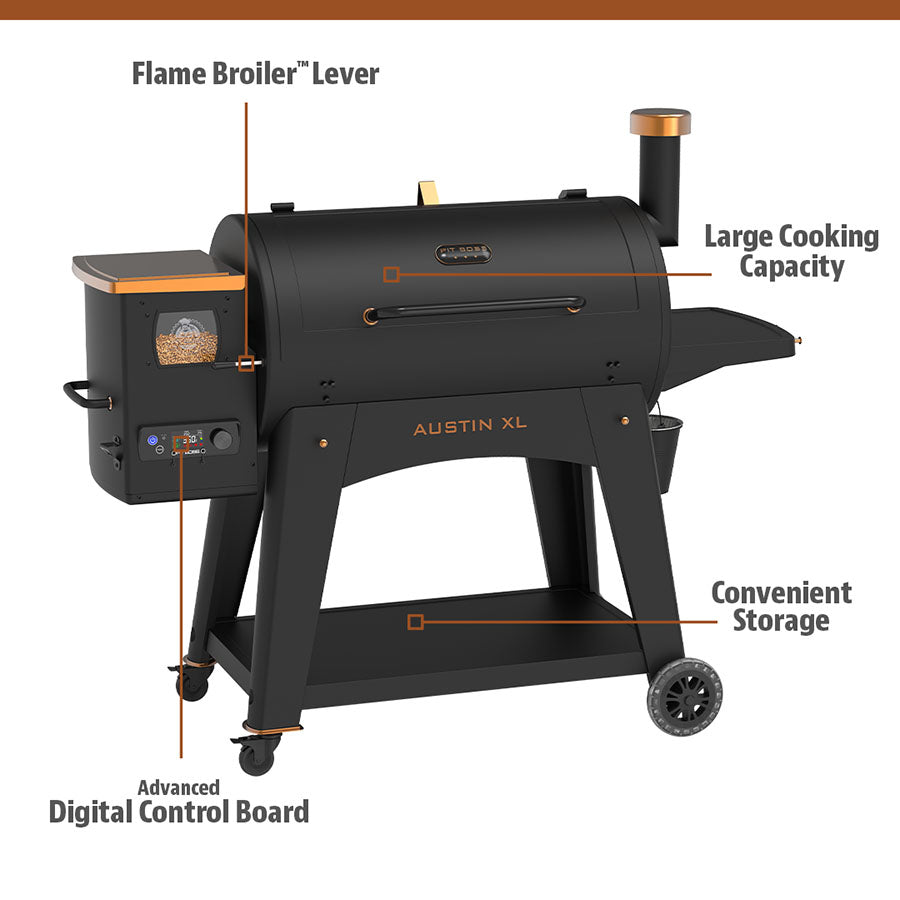 Diagram of the Pit Boss Austin XL 1000 Wood Pellet Grill labeled.