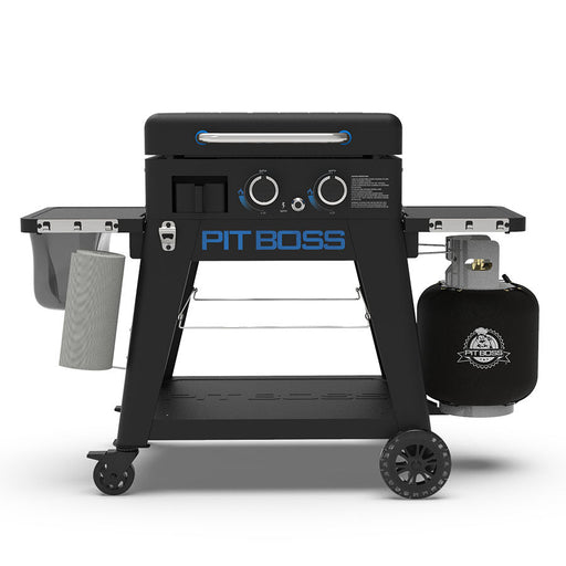 Pit Boss 2-Burner Ultimate Lift-Off Griddle. Black with blue accents. Two side tables displayed. Front view.