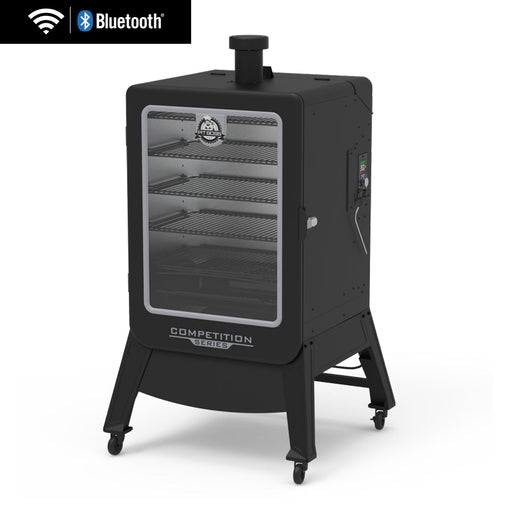 Pit Boss Competition Series PBV5P2 Vertical Smoker with wifi and bluetooth. Black smoker with silver accents.