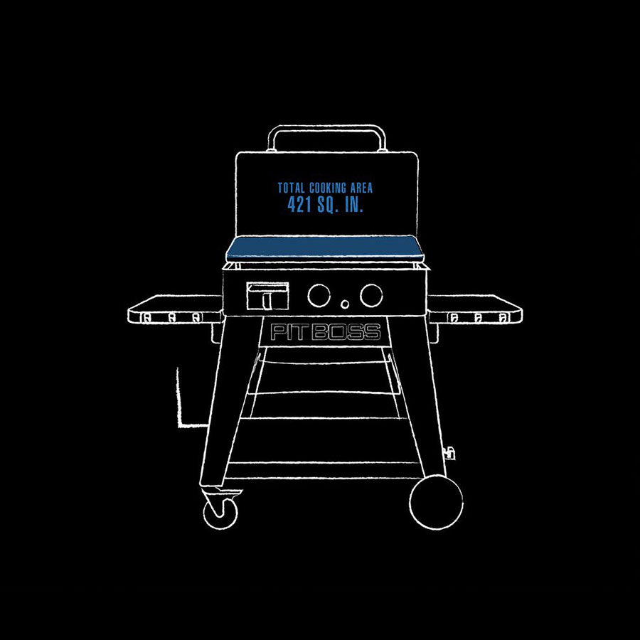 blue and white interior dimensions line drawing of griddle. black backgorund