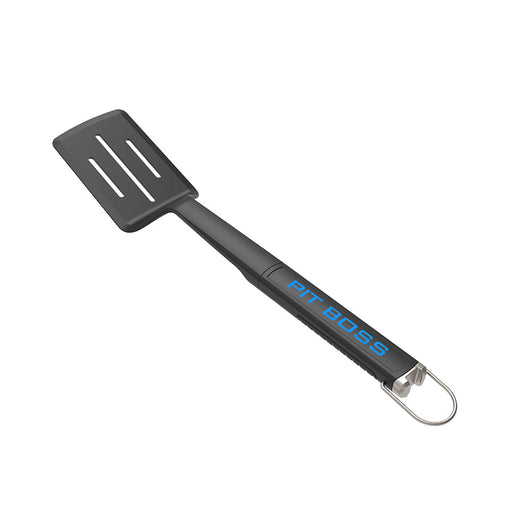 Black Spatula with Pit Boss name in blue on the front and silver hook.