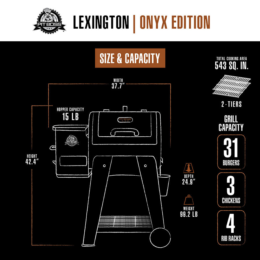 Orange and white drawing on black background of exterior dimensions of grill showing the size capacity.