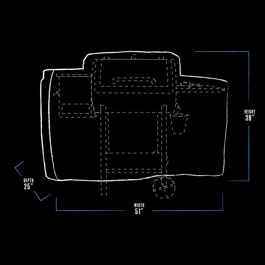 black and white dimension drawing of pit boss bbq cover with blue accents. grill cover measures 51" x 25" x 39"