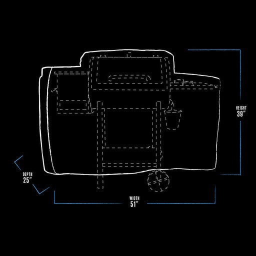 black and white dimension drawing of pit boss bbq cover with blue accents. grill cover measures 51" x 25" x 39"