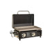 lifestyle_3, Black griddle with silver accents and white lettering. Side angle view. Grill hood open