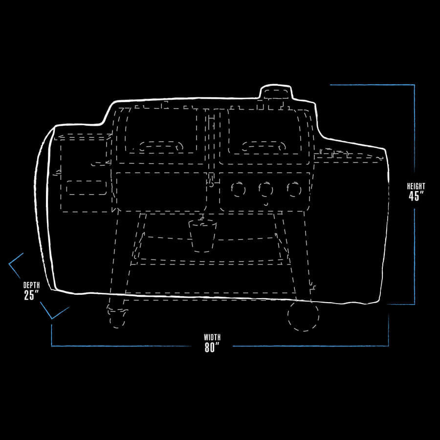 black and white bbq grill cover dimension drawing with blue accents. measures 80 x 25 x 45