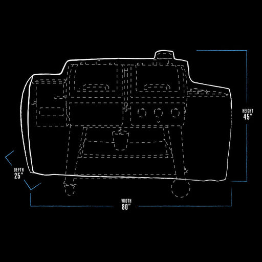 black and white bbq grill cover dimension drawing with blue accents. measures 80 x 25 x 45