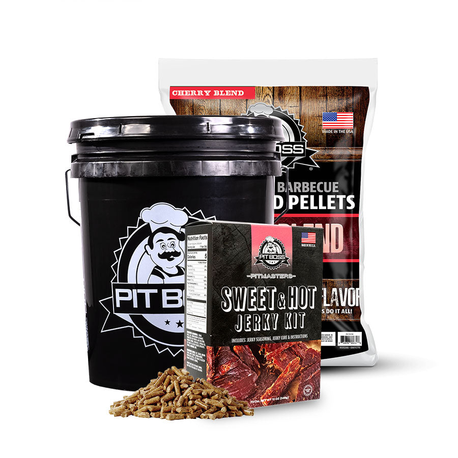 The Pit Boss Pit Master Sweet & Hot Jerky Bucket Kit comes with a 5 gallon all-weather storage bucket that can hold up to 20+ lbs of wood pellets with a lid, a sweet and hot jerky prep seasoning kit, and 20 lbs. of Cherry Blend Hardwood Pellets.  Black bu