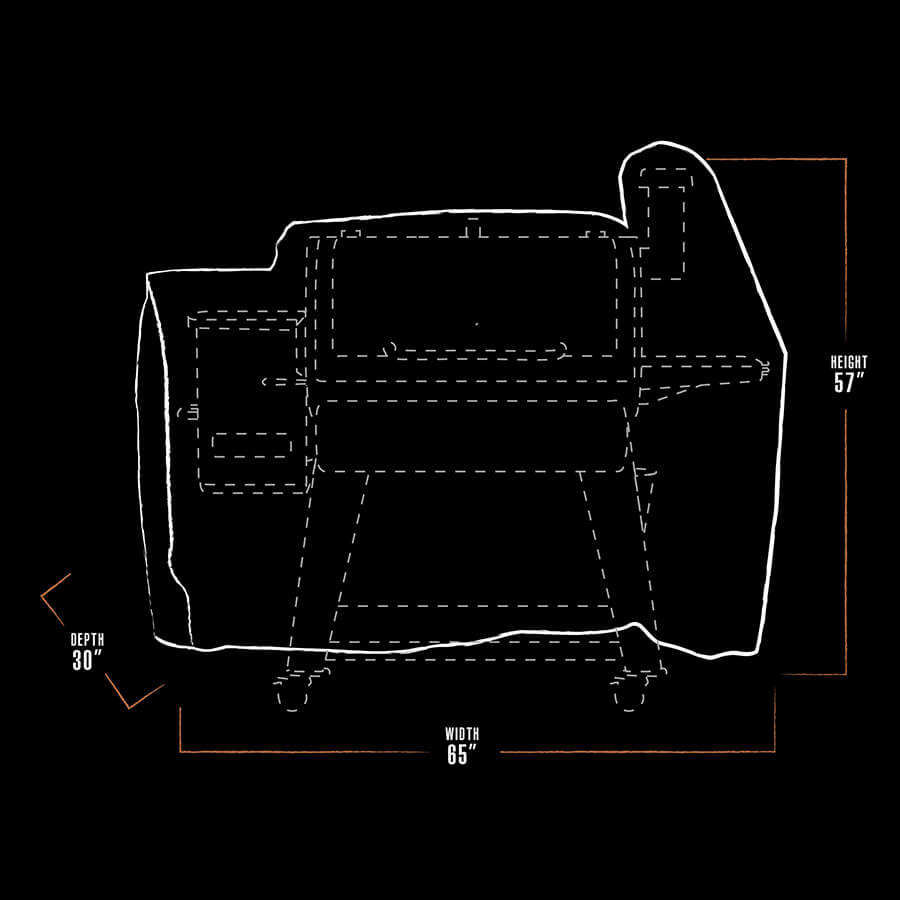 black and white dimension drawing of savannah onyx grill cover with brown accents. cover measures 65" x 30" x 57"