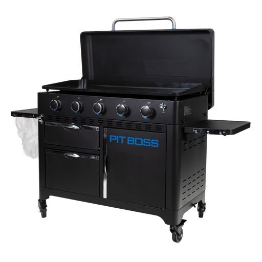 lifestyle_3, Black griddle with bright blue and silver accents with large blue "pit boss" logo. Side angle view. Grill hood open