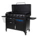 lifestyle_3, Black griddle with bright blue and silver accents with large blue "pit boss" logo. Side angle view. Grill hood open