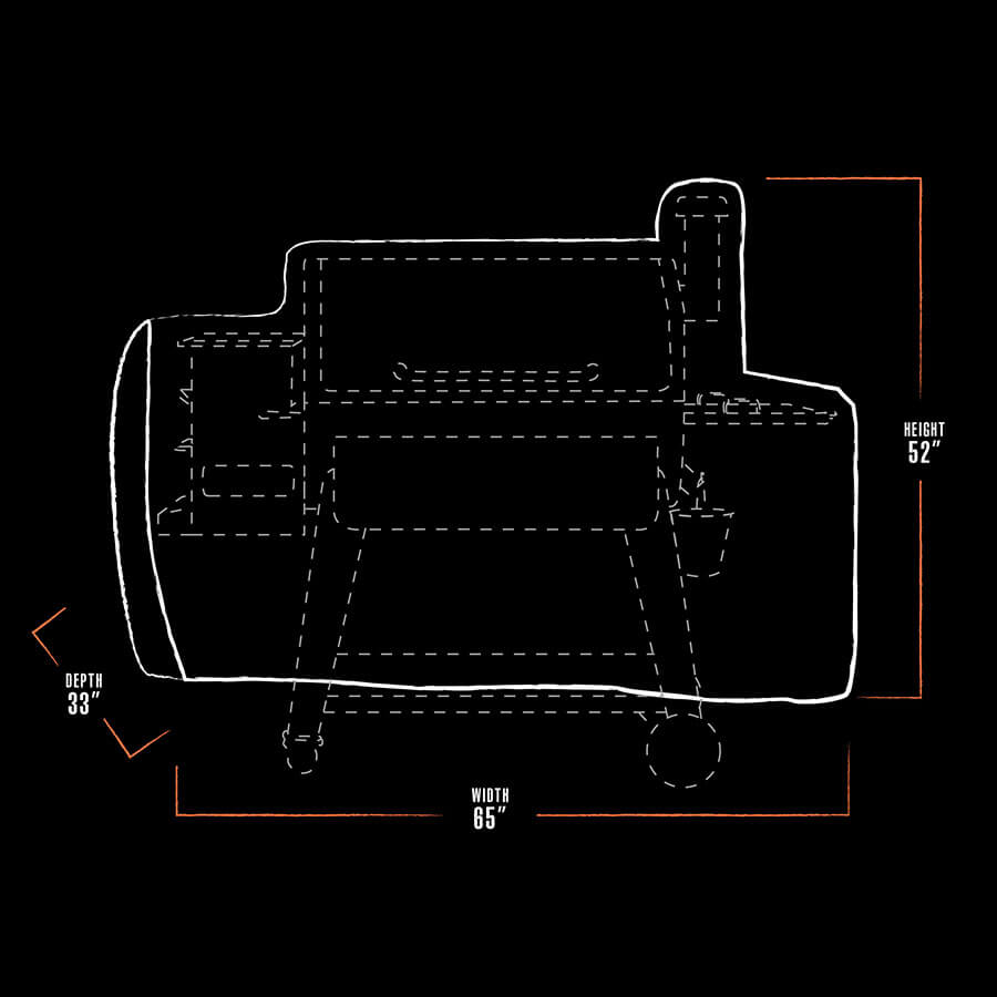 black and white dimension drawing of bbq grill cover. measures 65" x 33" x 52"