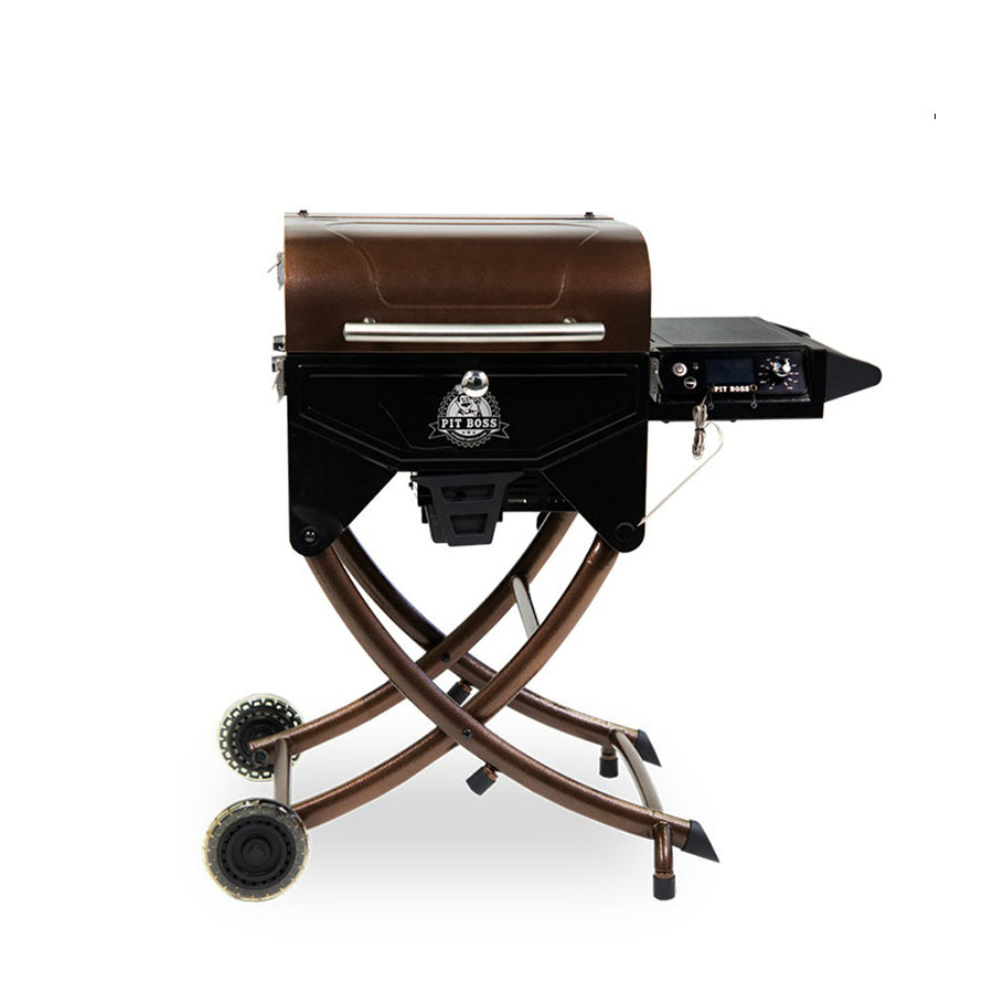 Pit Boss Mahogany 260 Portable Wood Pellet Grill. Black with bronze accents and hood.