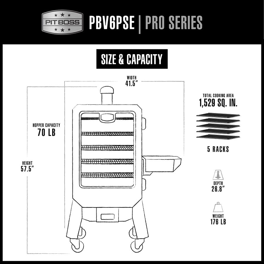 White and black graphic of the smoker showing the size and capacity of it.