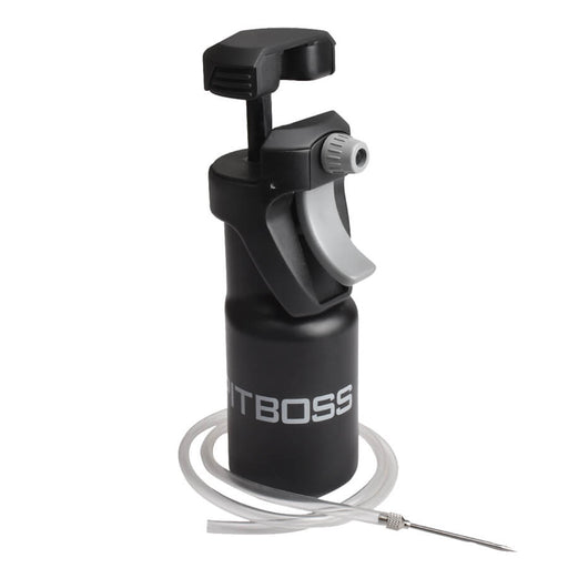 Spritz Bottle with Injector. Black with grey accents. Pit Boss name across front. Pump open. side view.