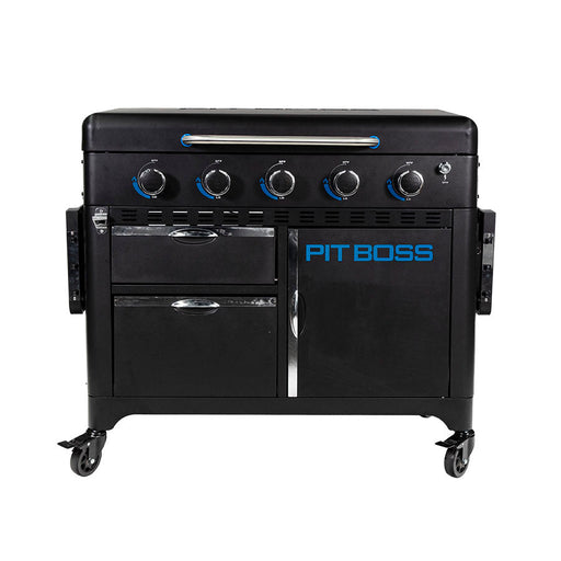 Pit Boss 5-Burner Ultimate Griddle. Black griddle with blue accents. Front view.