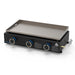 Side view of the portable griddle. Black with blue accents.