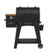 Classic 700 Wood Pellet Grill. Black with orange accents.  Pellet hopper and grease bucket displayed.